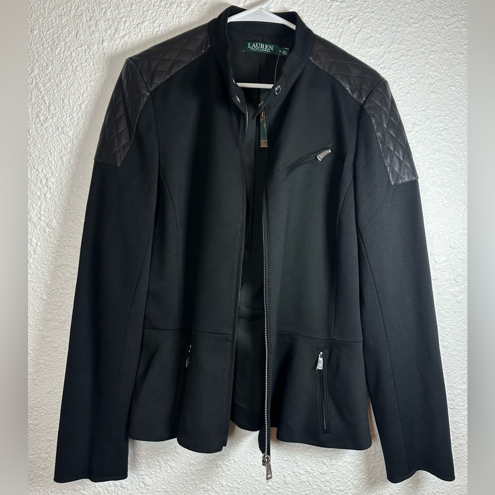 Lauren Ralph Lauren Woman’s Jacket Black Faux Leather Pad Shoulder Size 16 NWT